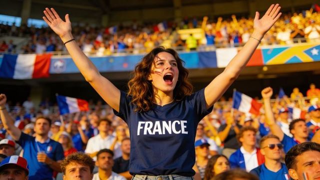 Cheering france fan raising arms in stadium during golden hour crowd celebration