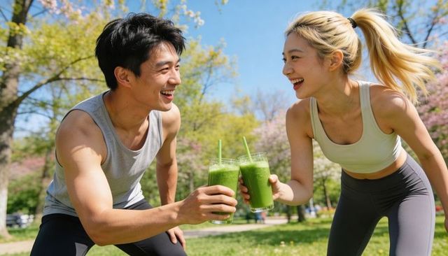 Fit couple toasting green smoothies after outdoor workout in spring park
