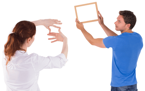 Transparent cutout couple arranging hands for picture frame