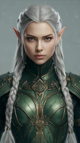 Vertical Video Silver-Haired Elf Warrior Posing in Ornate Green Armor with Drifting Particles