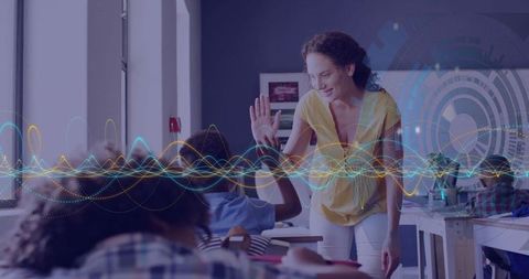 Teacher High-Fiving Student Over Desk with Digital Waveform Overlay in Classroom