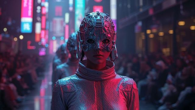 Future Fashion: Metallic Masks and Neon Runway in Cyberpunk Cityscape