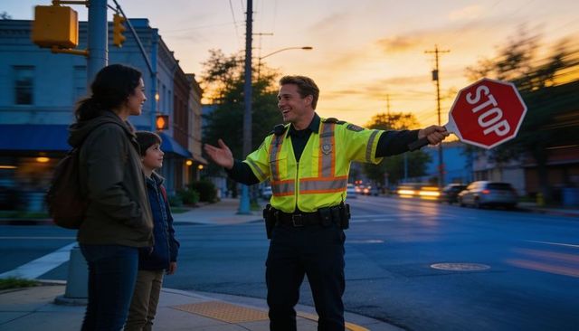 Community crossing guard directing pedestrians at sunset with stop sign and traffic safety