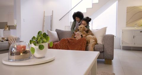 Couple snuggling on sofa with golden retriever under rust throw cozy home togetherness