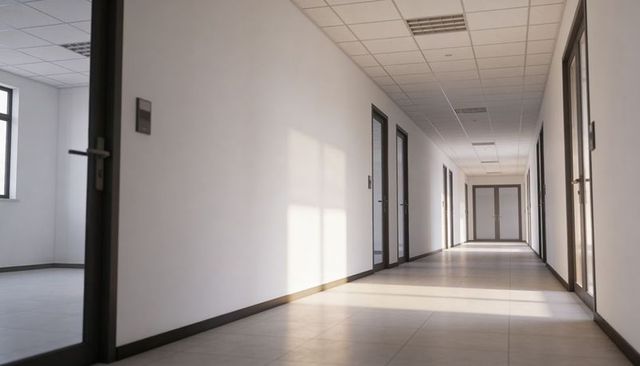 Sunlit modern office corridor with glass doors, tiled floor and bright minimalist interior