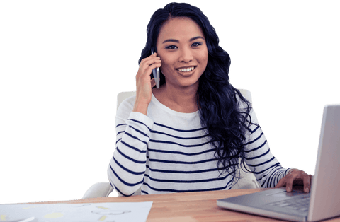 Transparent Smiling Asian Woman Taking Phone Call at Office