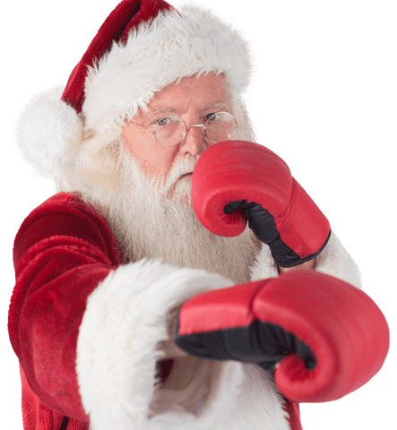 Santa claus wearing boxing gloves transparent background