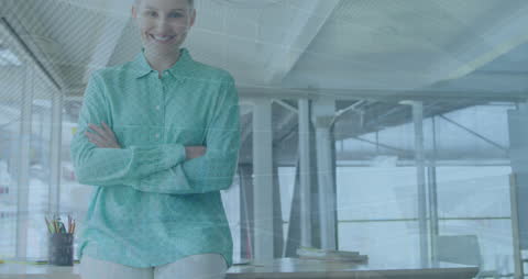 Smiling Businesswoman Embracing Technology in Office Networks