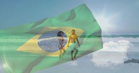 Couple Walking Beach With Brazilian Flag Overlay in Background