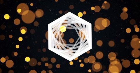 Spiraling white layered hexagon tunnel with golden bokeh on starry black background