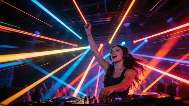 Female dj energizing nightclub crowd with neon lasers and mixing console