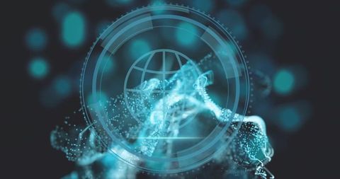 Holographic globe hud projecting teal particle mesh, concentric rings, futuristic interface