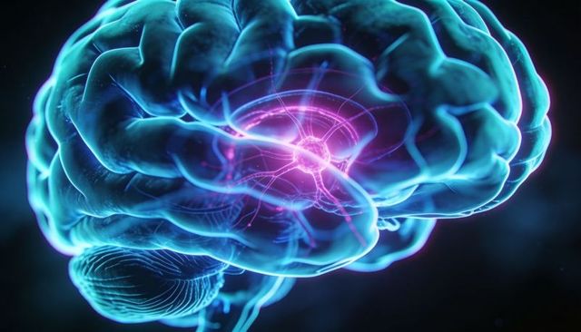 Translucent brain pulsing with glowing magenta neural hub and traced neural pathways