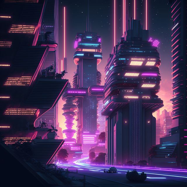 Futuristic neon cityscape with towering skyscrapers lit up with colorful lights glowing against a dark night sky. Stylized architecture embodies high-tech and modern urban aesthetics, ideal for themes on technology, cyberpunk, and futuristic metropolises.