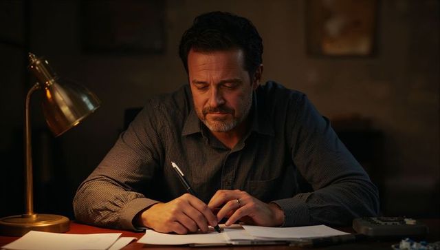 Middle-aged man writing late at desk under brass lamp, focused writer in warm office