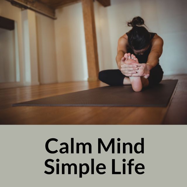 Focuses on a woman engaging in yoga indoors, evangelizing a calm mind and simple life. Perfect for wellness, fitness, meditation, and healthy living themes. Can be used for blogs, social media posts, and advertisements promoting physical and mental health.