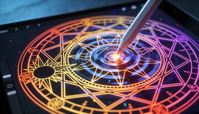 Animating glowing geometric mandala on tablet with stylus creating luminous ripple effects