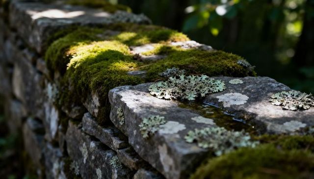 Moss-covered dry-stone wall with lichen and sunlit puddles at woodland edge