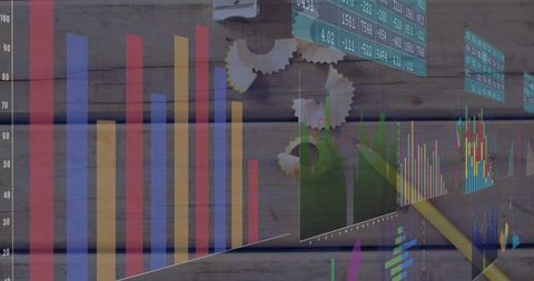 Data analytics dashboards overlaying rustic wood planks with colorful charts, gears, stylus