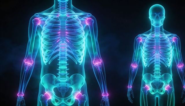 Neon 3d human skeleton highlighting joints and full skeletal anatomy for medical use