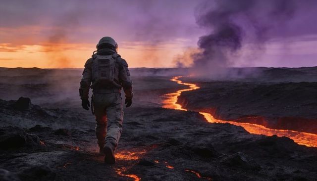 Astronaut walking across volcanic lava field toward molten river at dusk with plume