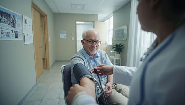 Medical professional measuring senior male blood pressure in clinic using sphygmomanometer