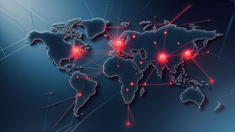Stylized digital world map with red network connectivity nodes