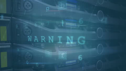 Digital Warning Overlay on Computer Servers Highlighting Cybersecurity