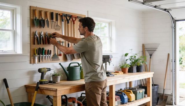Man organizing garage workshop pegboard adjusting hand tools at wooden workbench
