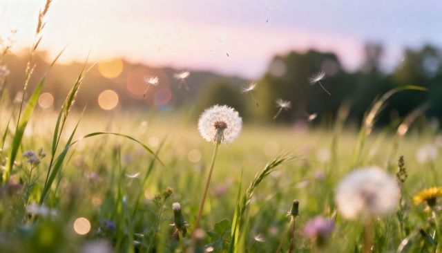 Dandelion seeds drifting at golden hour in wildflower meadow with soft bokeh
