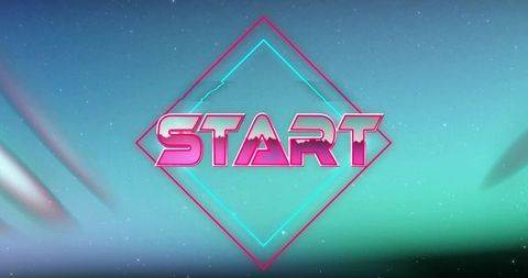 Neon pink start sign in cosmic outer space backdrop