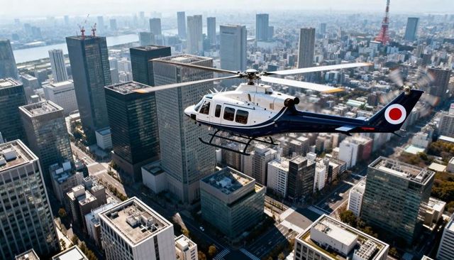 Executive helicopter flying over urban high-rise skyline with rotor blur over downtown