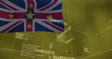 Waving Niue Flag in 3D Digital Grid