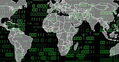 Global digital network overlaying world map with streaming binary code, cyber security