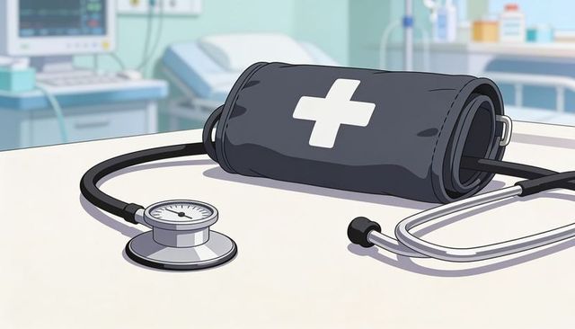 Gray blood pressure cuff with white cross and stethoscope on clinic exam table