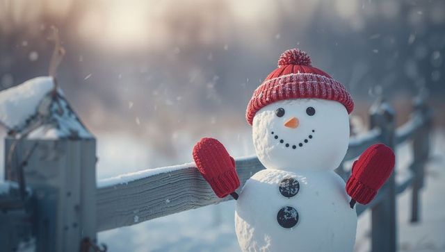 Charming snowman with red accessories beside rustic fence in snowy field