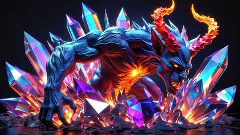 Demonic Creature Emerging from Vibrant Crystals in Dark Cavern