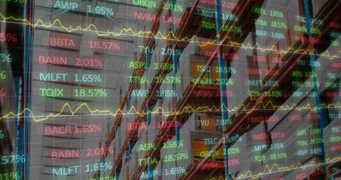 Stock Market Data Overlay on Modern Industrial Warehouse - Download Free Stock Images Pikwizard.com