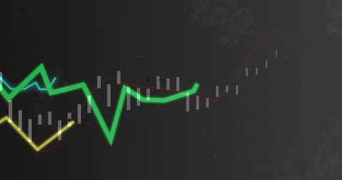 Neon green trend line highlighting candlestick trading chart with analytics data overlays