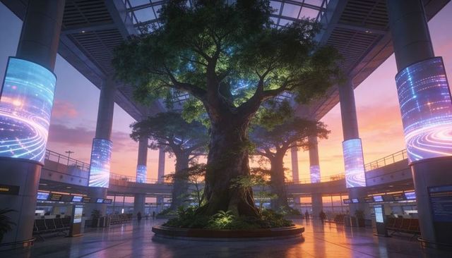 Giant living tree standing in futuristic airport atrium at sunset with glowing led columns