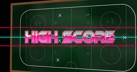 Neon retro high score overlay on hockey tactics chalkboard with arcade glow