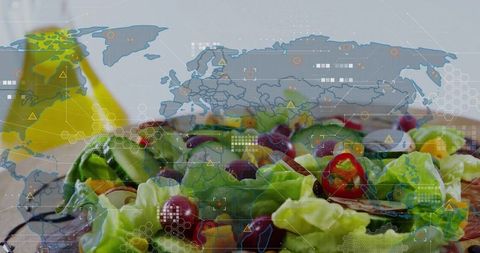 Global food supply data overlaying fresh salad and charcuterie on wooden board