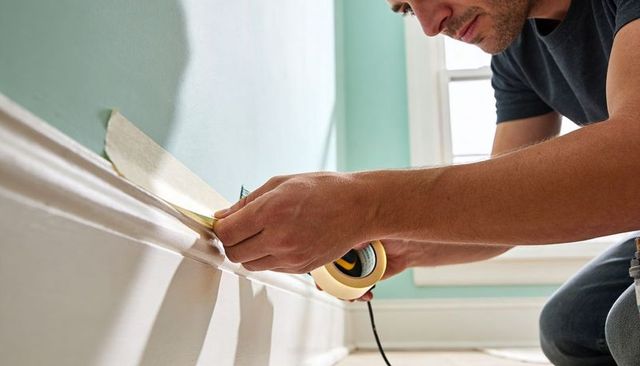 Kneeling man applying masking tape to white baseboard for precise interior painting on mint wall