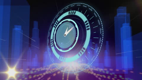 Futuristic Clock Overlaying Digital Cityscape Animation