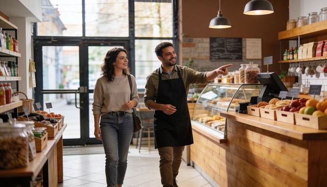 Friendly bakery attendant guiding customer to pastries at wooden counter with glass jars