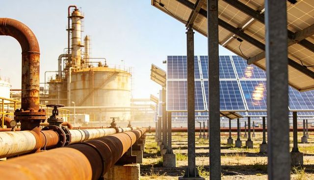 Rusty pipeline running alongside tilted solar panel array at industrial energy facility