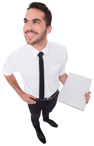 Transparent happy businessman holding laptop confidently