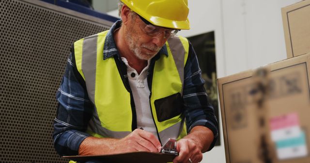 Senior Worker in Yellow Hard Hat Checking Inventory in Warehouse<br> - Download Free Stock Images Pikwizard.com