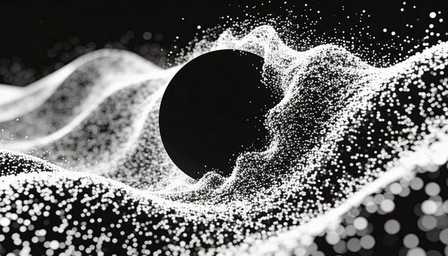 Matte Black Sphere Carving Flowing White Particle Waves in Monochrome Abstract Void