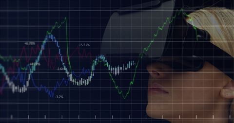 Businesswoman using vr headset for financial data analysis